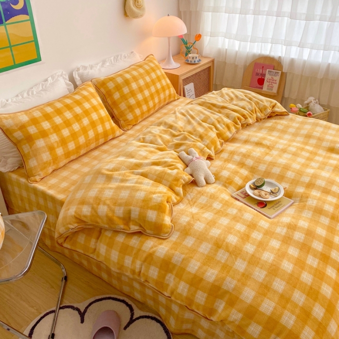 91家纺网 家纺一手货源 找家纺 顾里 2020新款韩国ins高端保暖牛奶绒套件 柠檬黄