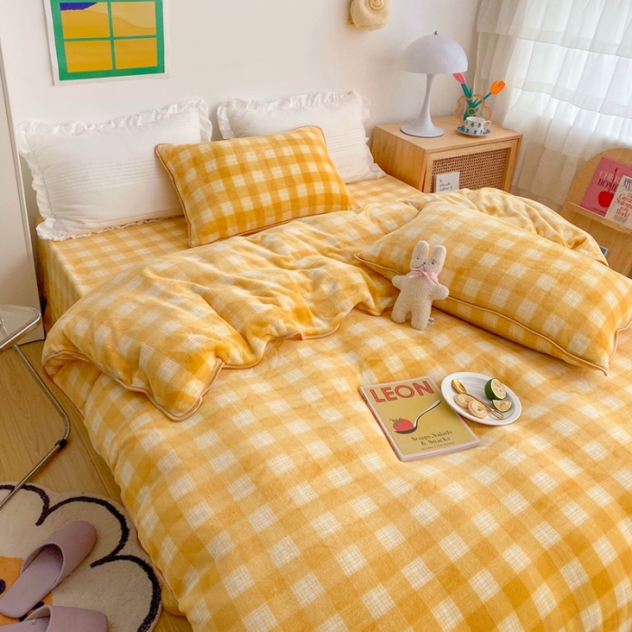 91家纺网 家纺一手货源 找家纺 顾里 2020新款韩国ins高端保暖牛奶绒套件 柠檬黄