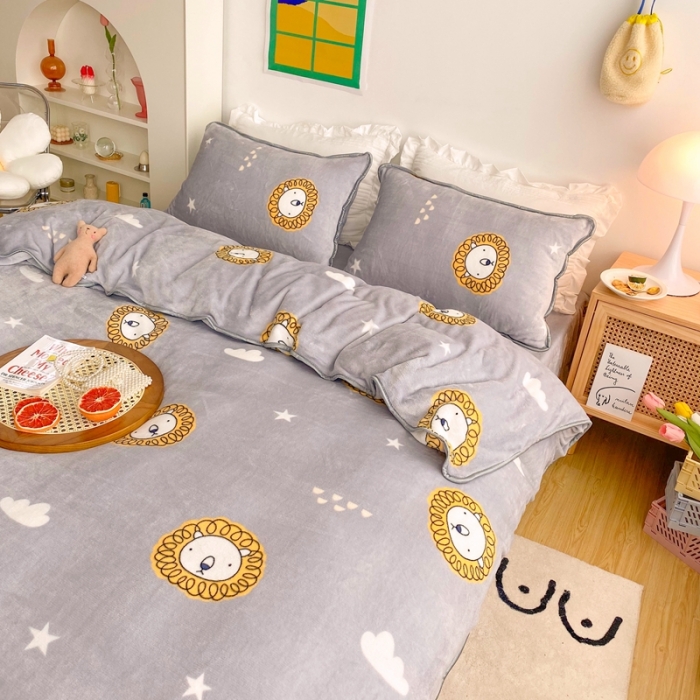 91家纺网 家纺一手货源 找家纺 顾里 2020新款韩国ins高端保暖牛奶绒套件 北欧狮子