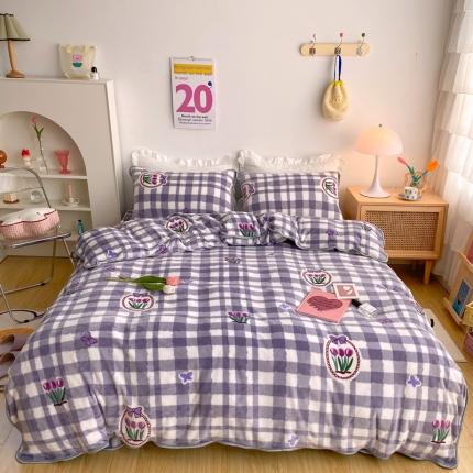 顾里 2020新款韩国ins高端保暖牛奶绒套件 紫格郁金香