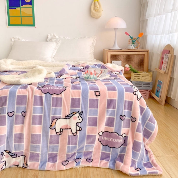 91家纺网 家纺一手货源 找家纺 顾里2020新款ins网红少女心温暖牌羊羔绒毯 独角兽