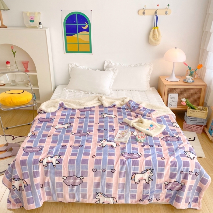 91家纺网 家纺一手货源 找家纺 顾里2020新款ins网红少女心温暖牌羊羔绒毯 独角兽