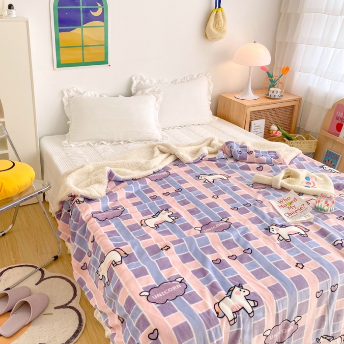 91家纺网 家纺一手货源 找家纺 顾里2020新款ins网红少女心温暖牌羊羔绒毯 独角兽