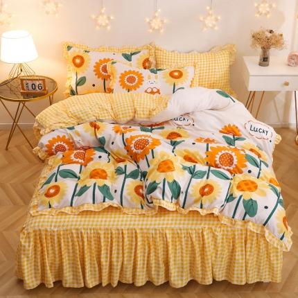 91家纺网 家纺一手货源 找家纺 米莱 2020新款韩版亲肤棉床裙四件套 向日葵