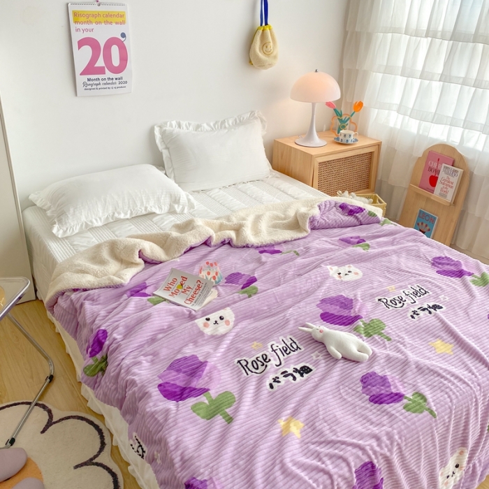 91家纺网 家纺一手货源 找家纺 顾里 新款ins网红少女心温暖牌魔法牛奶绒毛毯 紫玫瑰