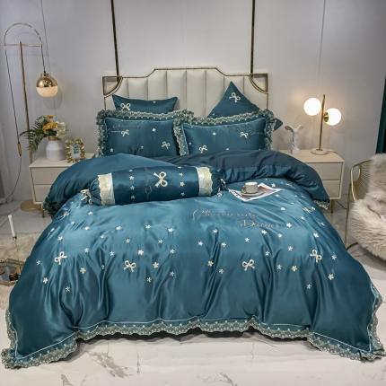 91家纺网 家纺一手货源 找家纺 博纳 新款60s水洗真丝13372喷气全棉刺绣四件套-凯莉丝 墨绿