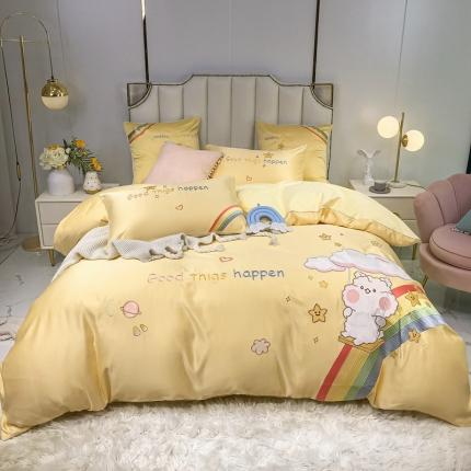 91家纺网 家纺一手货源 找家纺 （总）博纳 2020新款水洗真丝全棉贴布绣四件套—彩虹熊