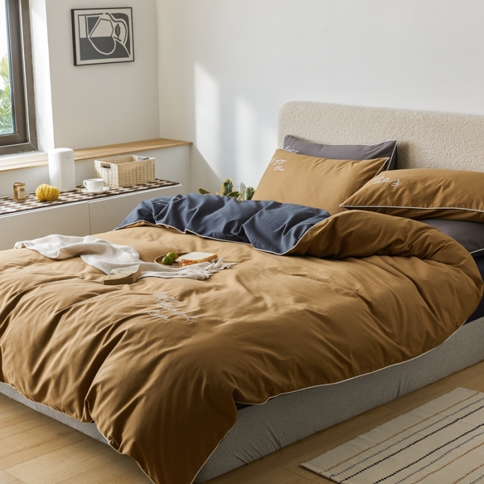 91家纺网 家纺一手货源 找家纺 优然居2020新款100支婴儿暖绒棉轻奢风刺绣四件套 大地黄加藏青