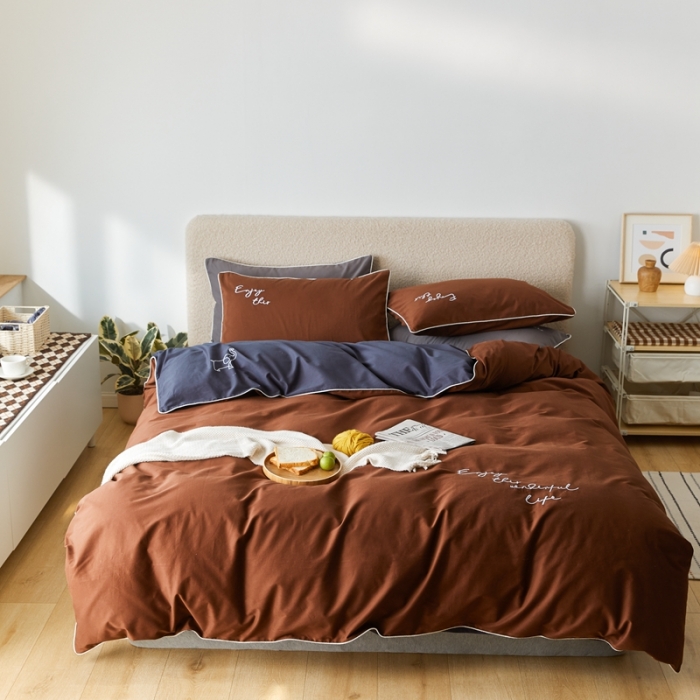 91家纺网 家纺一手货源 找家纺 优然居2020新款100支婴儿暖绒棉轻奢风刺绣四件套 复古咖青