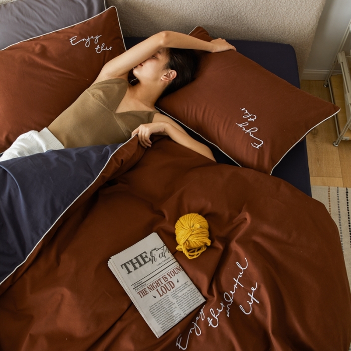 91家纺网 家纺一手货源 找家纺 优然居2020新款100支婴儿暖绒棉轻奢风刺绣四件套 复古咖青