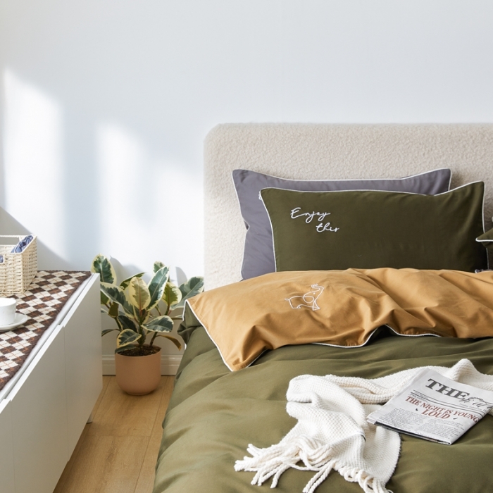 91家纺网 家纺一手货源 找家纺 优然居2020新款100支婴儿暖绒棉轻奢风刺绣四件套 霜绿大地色