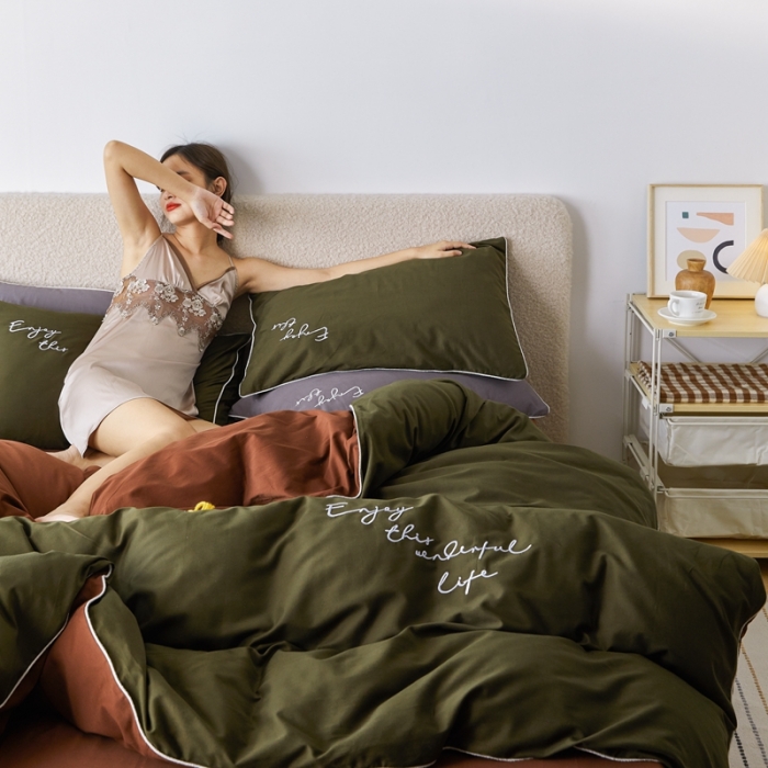 91家纺网 家纺一手货源 找家纺 优然居2020新款100支婴儿暖绒棉轻奢风刺绣四件套 霜绿复古色