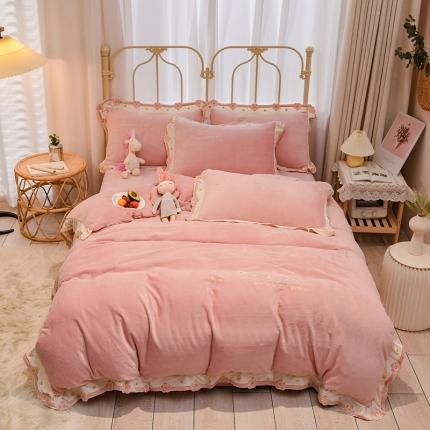 安妮 2022新款朵拉牛奶绒刺绣四件套 粉色