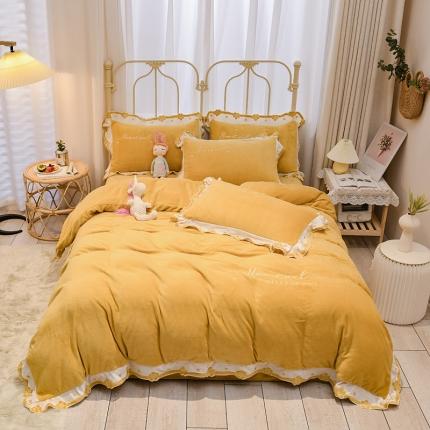 安妮 2022新款朵拉牛奶绒刺绣四件套 萌黄色