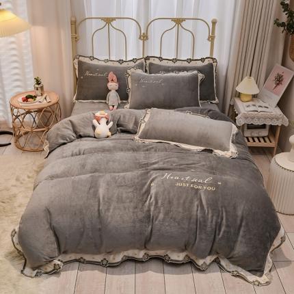 安妮 2022新款朵拉牛奶绒刺绣四件套 烟灰色