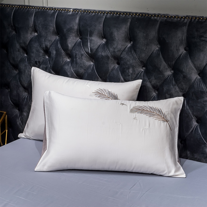 91家纺网 家纺一手货源 找家纺 骏腾 2022新款全棉羽毛绣花四件套 羽毛-白+灰