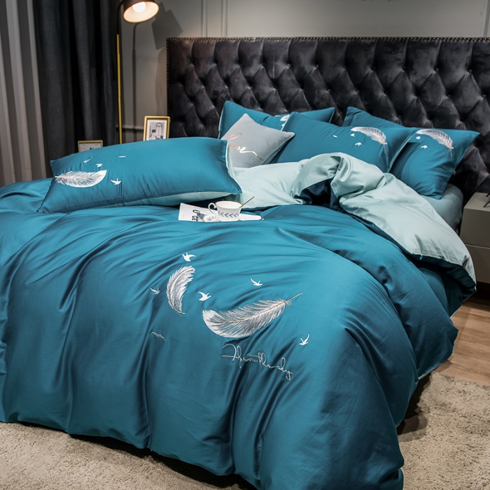 91家纺网 家纺一手货源 找家纺 骏腾 2022新款全棉羽毛绣花四件套 羽毛-宝兰+湖蓝