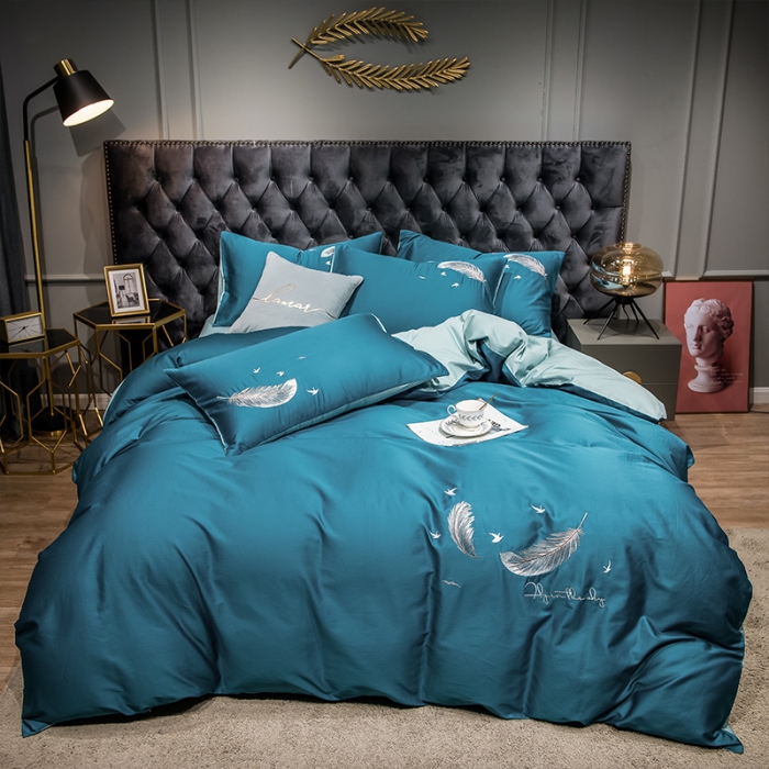 91家纺网 家纺一手货源 找家纺 骏腾 2022新款全棉羽毛绣花四件套 羽毛-宝兰+湖蓝