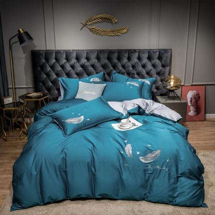 91家纺网 家纺一手货源 找家纺 骏腾 2022新款全棉羽毛绣花四件套 羽毛-宝兰+银灰