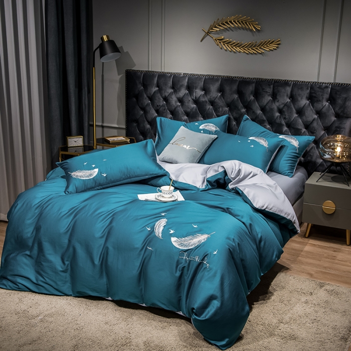 91家纺网 家纺一手货源 找家纺 骏腾 2022新款全棉羽毛绣花四件套 羽毛-宝兰+银灰