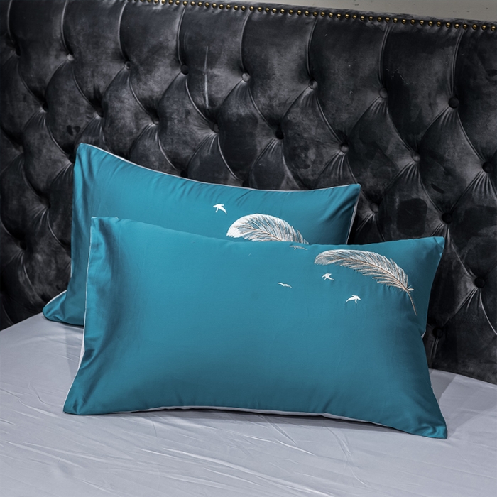 91家纺网 家纺一手货源 找家纺 骏腾 2022新款全棉羽毛绣花四件套 羽毛-宝兰+银灰