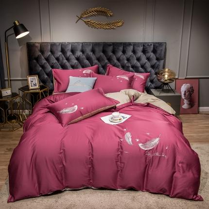 91家纺网 家纺一手货源 找家纺 骏腾 2022新款全棉羽毛绣花四件套 羽毛-豆沙+卡其