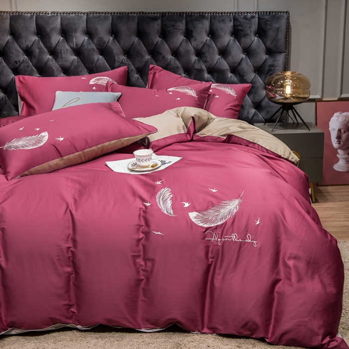 91家纺网 家纺一手货源 找家纺 骏腾 2022新款全棉羽毛绣花四件套 羽毛-豆沙+卡其