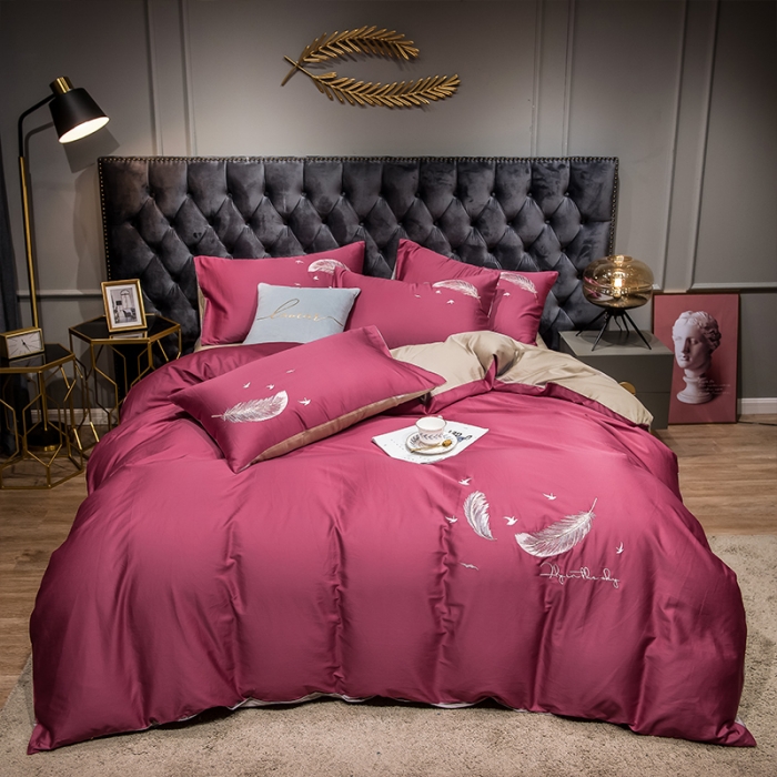 91家纺网 家纺一手货源 找家纺 骏腾 2022新款全棉羽毛绣花四件套 羽毛-豆沙+卡其