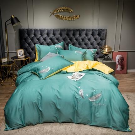 91家纺网 家纺一手货源 找家纺 骏腾 2022新款全棉羽毛绣花四件套 羽毛-果绿+姜黄