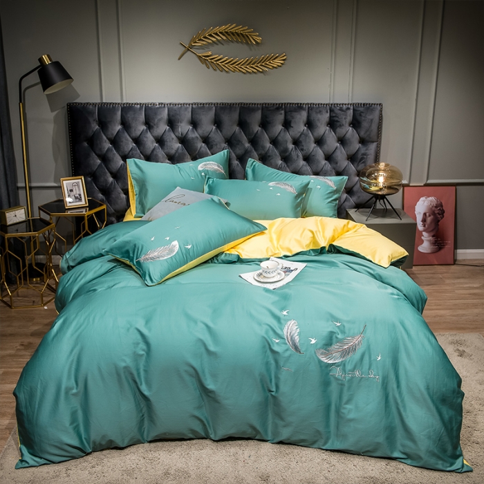 91家纺网 家纺一手货源 找家纺 骏腾 2022新款全棉羽毛绣花四件套 羽毛-果绿+姜黄