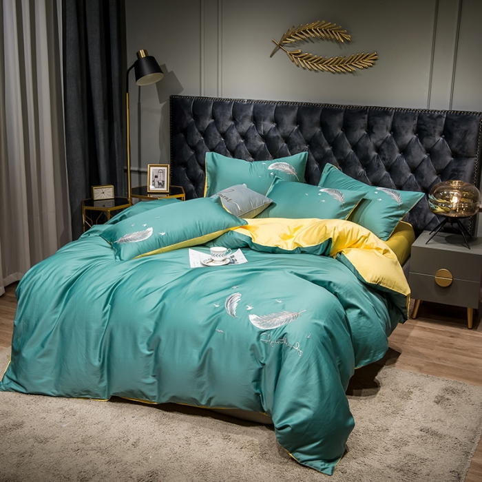 91家纺网 家纺一手货源 找家纺 骏腾 2022新款全棉羽毛绣花四件套 羽毛-果绿+姜黄