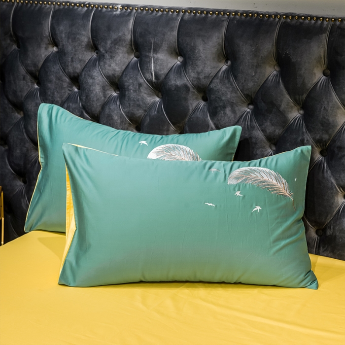 91家纺网 家纺一手货源 找家纺 骏腾 2022新款全棉羽毛绣花四件套 羽毛-果绿+姜黄