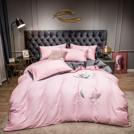 91家纺网 家纺一手货源 找家纺 骏腾 2022新款全棉羽毛绣花四件套 羽毛-浅粉+深灰