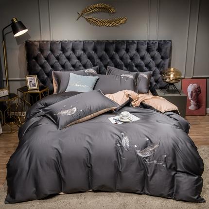 91家纺网 家纺一手货源 找家纺 骏腾 2022新款全棉羽毛绣花四件套 羽毛-深灰+卡其