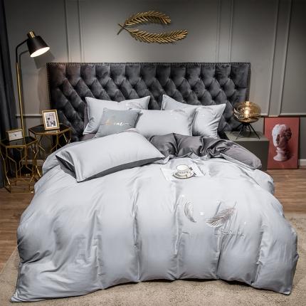 91家纺网 家纺一手货源 找家纺 骏腾 2022新款全棉羽毛绣花四件套 羽毛-银灰+深灰