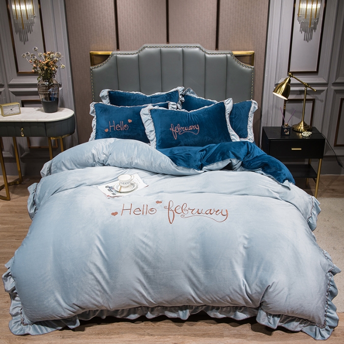 91家纺网 家纺一手货源 找家纺 骏腾2022新款韩版绣花你好美丽系列水晶绒四件套宝宝绒宾利兰