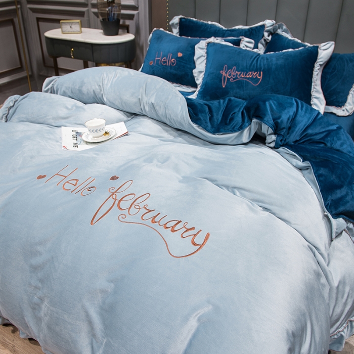 91家纺网 家纺一手货源 找家纺 骏腾2022新款韩版绣花你好美丽系列水晶绒四件套宝宝绒宾利兰