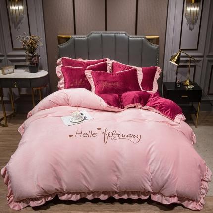 91家纺网 家纺一手货源 找家纺 骏腾2022新款韩版绣花你好美丽系列水晶绒四件套宝宝绒豆沙红