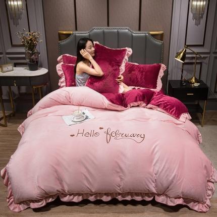 骏腾2022新款韩版绣花你好美丽系列水晶绒四件套宝宝绒豆沙红