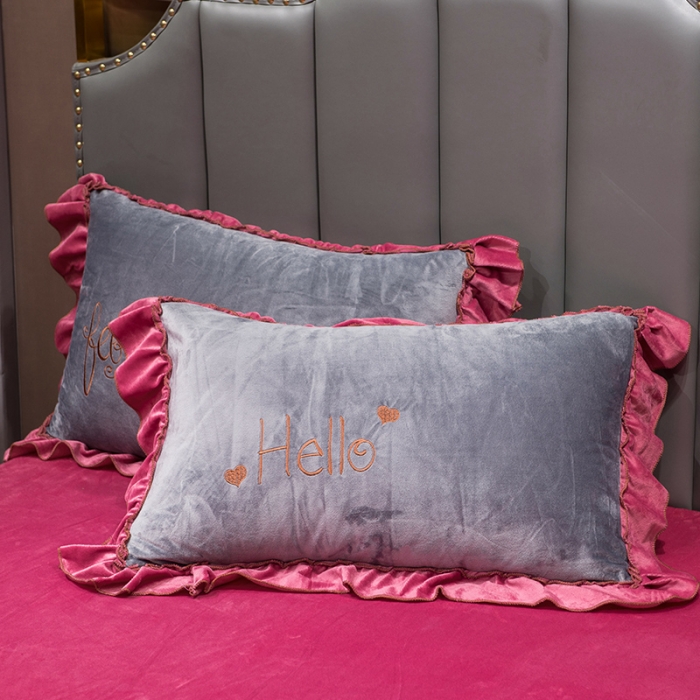 91家纺网 家纺一手货源 找家纺 骏腾2022新款韩版绣花你好美丽系列水晶绒四件套宝宝绒豆沙灰