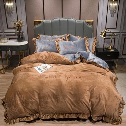 91家纺网 家纺一手货源 找家纺 骏腾2022新款韩版绣花你好美丽系列水晶绒四件套宝宝绒卡其灰