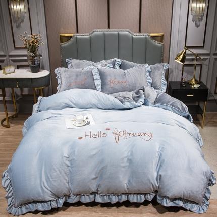 91家纺网 家纺一手货源 找家纺 骏腾2022新款韩版绣花你好美丽系列水晶绒四件套宝宝绒 蓝灰