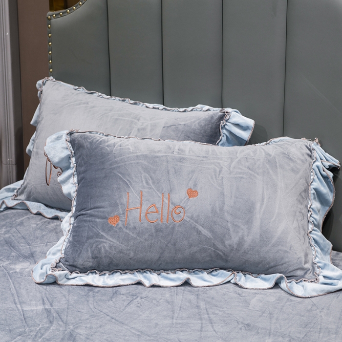 91家纺网 家纺一手货源 找家纺 骏腾2022新款韩版绣花你好美丽系列水晶绒四件套宝宝绒 蓝灰