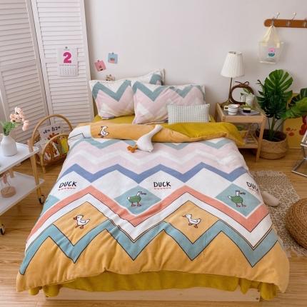 星期八 2020新款秋冬加厚保暖牛奶绒四件套 波浪小鸭