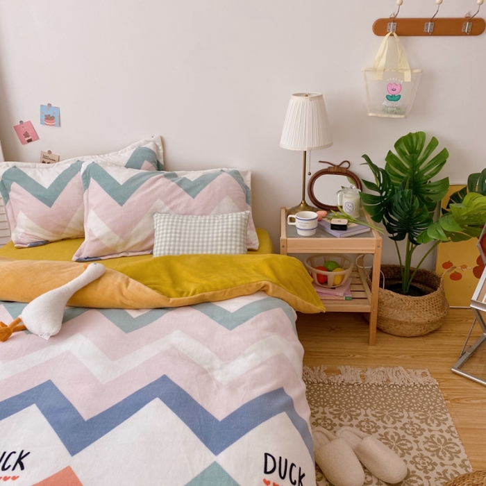 91家纺网 家纺一手货源 找家纺 星期八 2020新款秋冬加厚保暖牛奶绒四件套 波浪小鸭