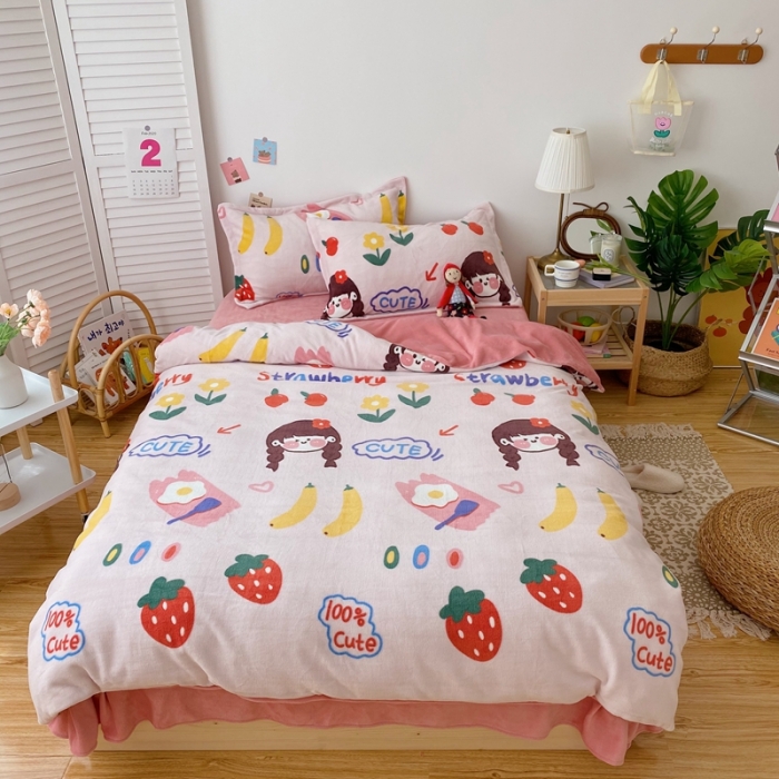 91家纺网 家纺一手货源 找家纺 星期八 2020新款秋冬加厚保暖牛奶绒四件套 草莓女孩