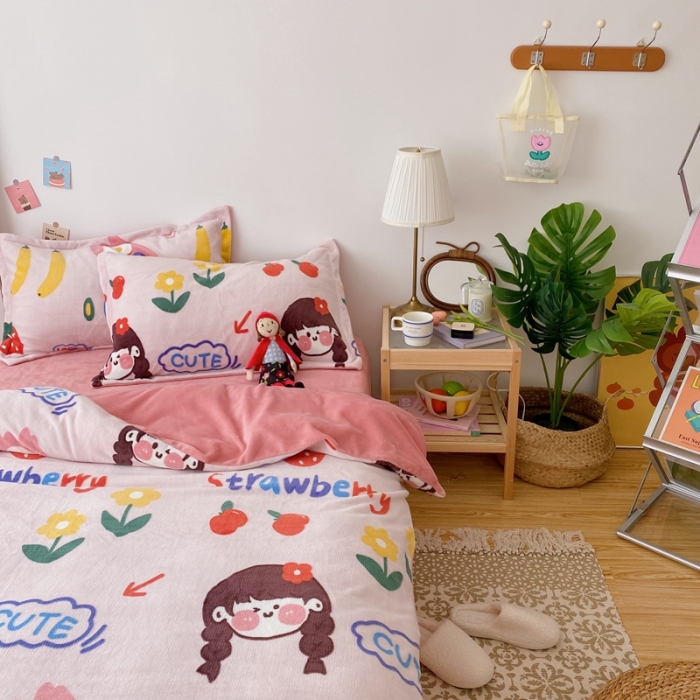 91家纺网 家纺一手货源 找家纺 星期八 2020新款秋冬加厚保暖牛奶绒四件套 草莓女孩