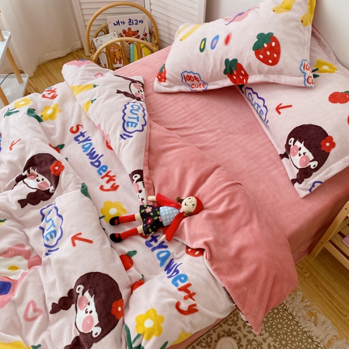 91家纺网 家纺一手货源 找家纺 星期八 2020新款秋冬加厚保暖牛奶绒四件套 草莓女孩