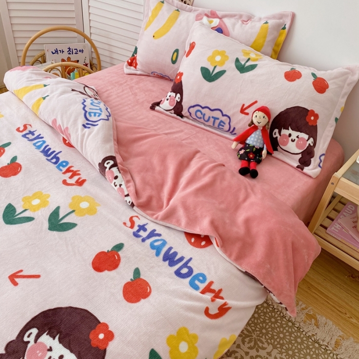 91家纺网 家纺一手货源 找家纺 星期八 2020新款秋冬加厚保暖牛奶绒四件套 草莓女孩