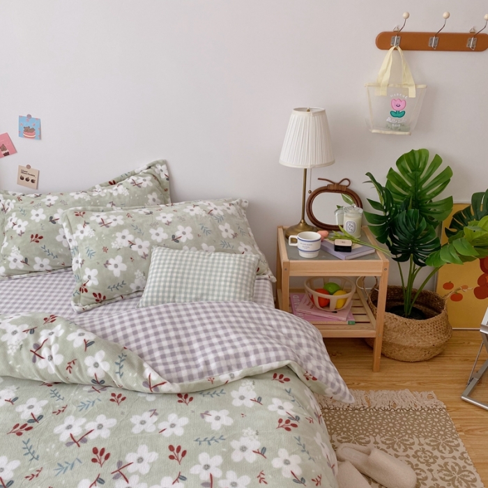 91家纺网 家纺一手货源 找家纺 星期八 2020新款秋冬加厚保暖牛奶绒四件套 漫花绿